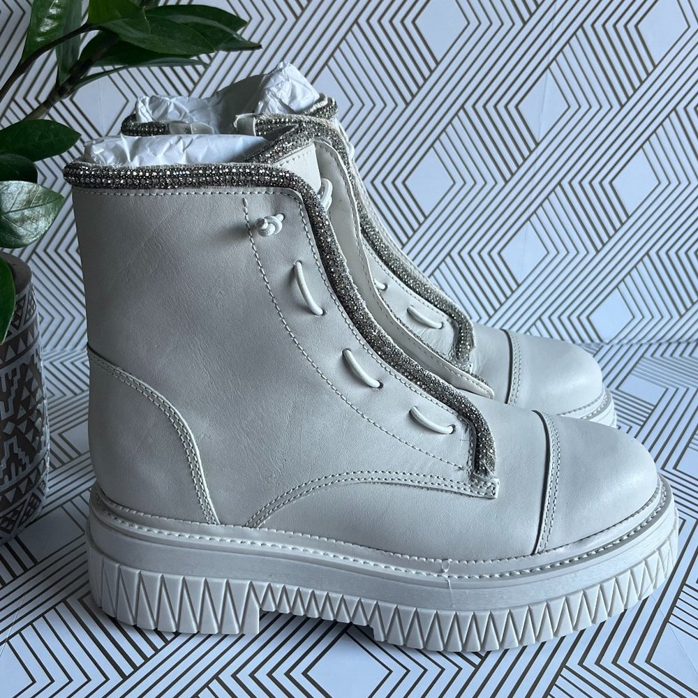 Schutz Amirah Leather Crystal Embellished Lace Up Platform Boots
